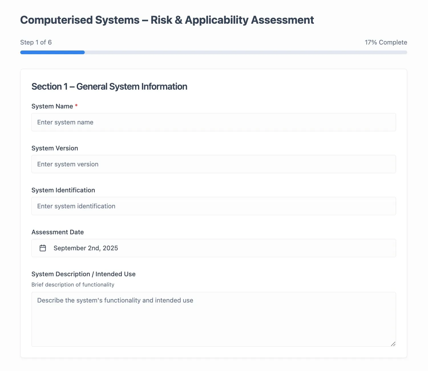 Assess GxP Assessment Tool Screenshot