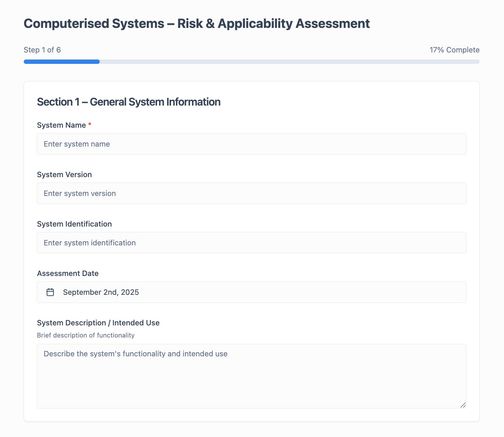 Assess GxP Assessment Tool Screenshot